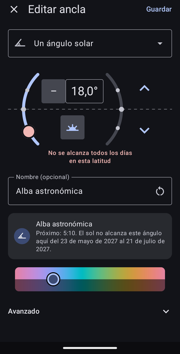 El editor Editar ancla en Un ángulo solar, con 18,0° y el icono de la mañana, llamado Alba astronómica, con la vista previa Próximo: 5:10. El sol no alcanza este ángulo aquí del 23 de mayo de 2027 al 21 de julio de 2027, y un aviso en rojo dice No se alcanza todos los días en esta latitud.