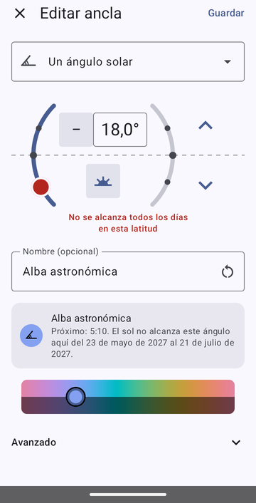El editor Editar ancla en Un ángulo solar, con 18,0° y el icono de la mañana, llamado Alba astronómica, con la vista previa Próximo: 5:10. El sol no alcanza este ángulo aquí del 23 de mayo de 2027 al 21 de julio de 2027, y un aviso en rojo dice No se alcanza todos los días en esta latitud.