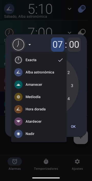 El cuadro de creación de alarma, con su menú de anclas abierto: Exacta (marcada), Alba astronómica, Amanecer, Mediodía, Hora dorada, Atardecer y Nadir.