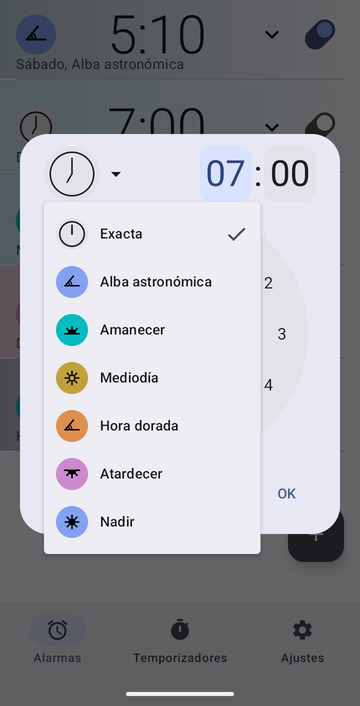 El cuadro de creación de alarma, con su menú de anclas abierto: Exacta (marcada), Alba astronómica, Amanecer, Mediodía, Hora dorada, Atardecer y Nadir.