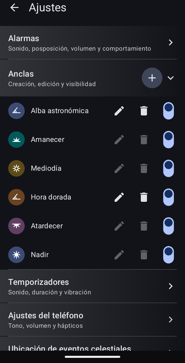 Los ajustes, sección Anclas desplegada, con un botón + : Alba astronómica, Amanecer, Mediodía, Hora dorada, Atardecer y Nadir. Solo Alba astronómica y Hora dorada, las anclas personalizadas, tienen activos los botones de edición y de eliminación; cada fila lleva un interruptor de visibilidad, todos activados.