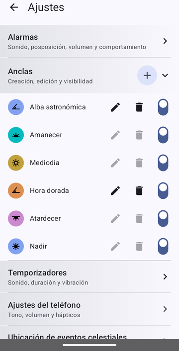 Los ajustes, sección Anclas desplegada, con un botón + : Alba astronómica, Amanecer, Mediodía, Hora dorada, Atardecer y Nadir. Solo Alba astronómica y Hora dorada, las anclas personalizadas, tienen activos los botones de edición y de eliminación; cada fila lleva un interruptor de visibilidad, todos activados.