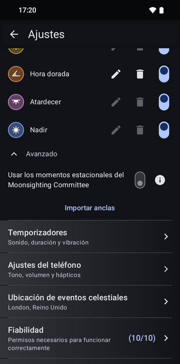Los ajustes de Risetime, sección Anclas, con Avanzado desplegado: el interruptor Usar los momentos estacionales del Moonsighting Committee y el botón Importar anclas, encima de las líneas Temporizadores y Ajustes del teléfono.