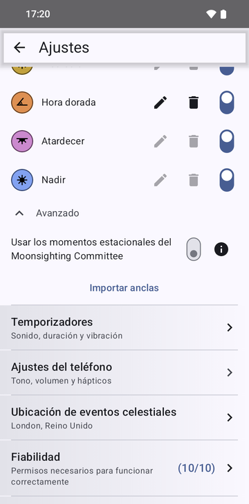 Los ajustes de Risetime, sección Anclas, con Avanzado desplegado: el interruptor Usar los momentos estacionales del Moonsighting Committee y el botón Importar anclas, encima de las líneas Temporizadores y Ajustes del teléfono.