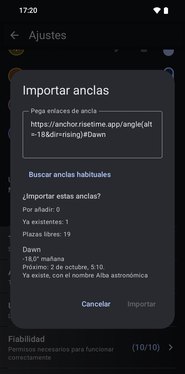 La ventana Importar anclas con el enlace https://anchor.risetime.app/angle(alt=-18&dir=rising)#Dawn pegado en el campo, y la vista previa ¿Importar estas anclas?: por añadir 0, ya existentes 1, plazas libres 19, y el ancla Dawn, que ya existe con el nombre Alba astronómica.
