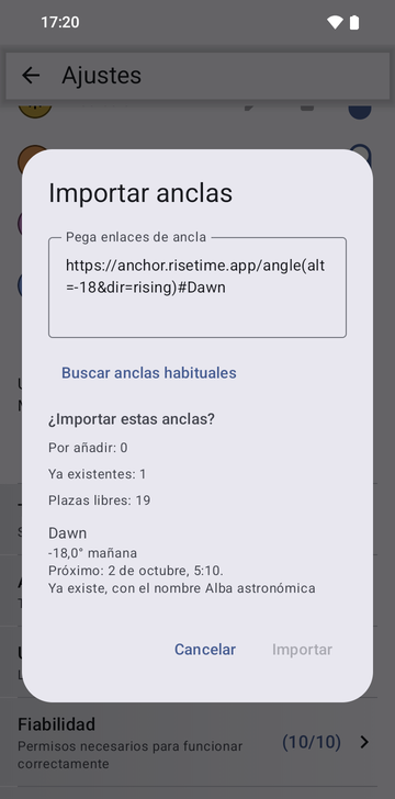La ventana Importar anclas con el enlace https://anchor.risetime.app/angle(alt=-18&dir=rising)#Dawn pegado en el campo, y la vista previa ¿Importar estas anclas?: por añadir 0, ya existentes 1, plazas libres 19, y el ancla Dawn, que ya existe con el nombre Alba astronómica.