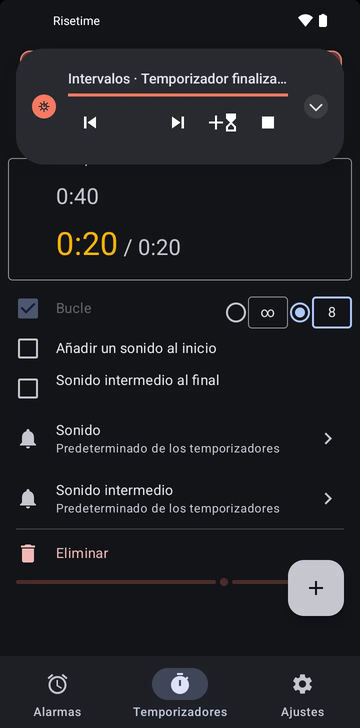 La secuencia Intervalos desplegada en la pestaña Temporizadores de Risetime: sus dos temporizadores, 0:40 en marcha en 0:32 y 0:20, Bucle activado en 8 vueltas (la otra opción es ilimitado), Añadir un sonido al inicio y Sonido intermedio al final apagados, y las filas Sonido y Sonido intermedio en Predeterminado de los temporizadores.