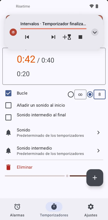 La secuencia Intervalos desplegada en la pestaña Temporizadores de Risetime: sus dos temporizadores, 0:40 en marcha en 0:32 y 0:20, Bucle activado en 8 vueltas (la otra opción es ilimitado), Añadir un sonido al inicio y Sonido intermedio al final apagados, y las filas Sonido y Sonido intermedio en Predeterminado de los temporizadores.