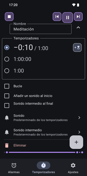 La secuencia Meditación desplegada en la pestaña Temporizadores de Risetime: sus tres temporizadores, 1:00 en cuenta atrás, 1:00:00 y 1:00, con Bucle, Añadir un sonido al inicio y Sonido intermedio al final apagados, y las filas Sonido y Sonido intermedio en Predeterminado de los temporizadores.