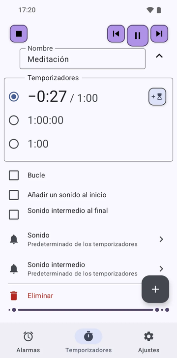 La secuencia Meditación desplegada en la pestaña Temporizadores de Risetime: sus tres temporizadores, 1:00 en cuenta atrás, 1:00:00 y 1:00, con Bucle, Añadir un sonido al inicio y Sonido intermedio al final apagados, y las filas Sonido y Sonido intermedio en Predeterminado de los temporizadores.