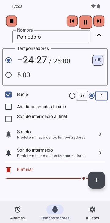 La secuencia Pomodoro desplegada en la pestaña Temporizadores de Risetime mientras corre: sus dos temporizadores, 25:00 en cuenta atrás y 5:00, Bucle activado en 4 vueltas (la otra opción es ilimitado), Añadir un sonido al inicio y Sonido intermedio al final apagados, y las filas Sonido y Sonido intermedio en Predeterminado de los temporizadores.