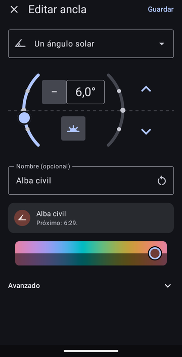 El editor Editar ancla en Un ángulo solar, con 6,0° y el icono de la mañana, llamado Alba civil, con la vista previa Próximo: 6:29. Avanzado está plegado y Guardar arriba a la derecha.
