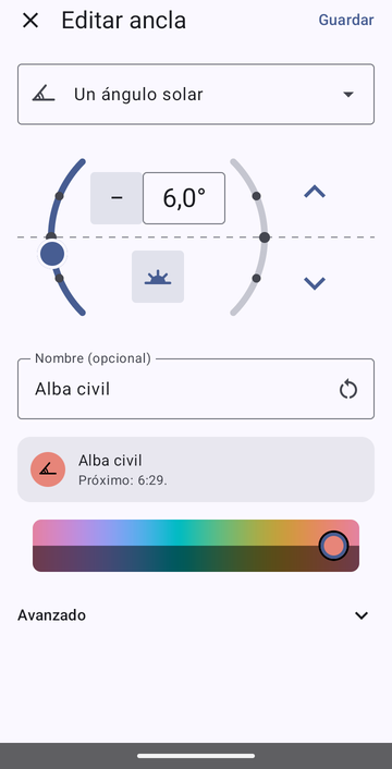 El editor Editar ancla en Un ángulo solar, con 6,0° y el icono de la mañana, llamado Alba civil, con la vista previa Próximo: 6:29. Avanzado está plegado y Guardar arriba a la derecha.