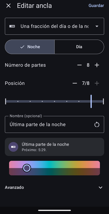 El editor Editar ancla en Una fracción del día o de la noche, con Noche seleccionado, Número de partes en 8 y Posición en 7/8, llamado Última parte de la noche, con la vista previa Próximo: 5:29.
