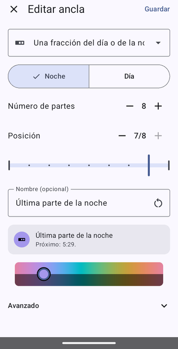 El editor Editar ancla en Una fracción del día o de la noche, con Noche seleccionado, Número de partes en 8 y Posición en 7/8, llamado Última parte de la noche, con la vista previa Próximo: 5:29.