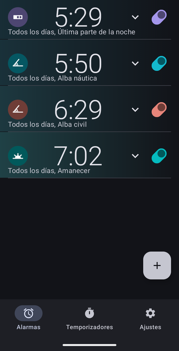 Lista de alarmas de Risetime con cuatro alarmas, todas con Todos los días: 5:29 en Última parte de la noche, 5:50 en Alba náutica, 6:29 en Alba civil, y 7:02 en Amanecer.