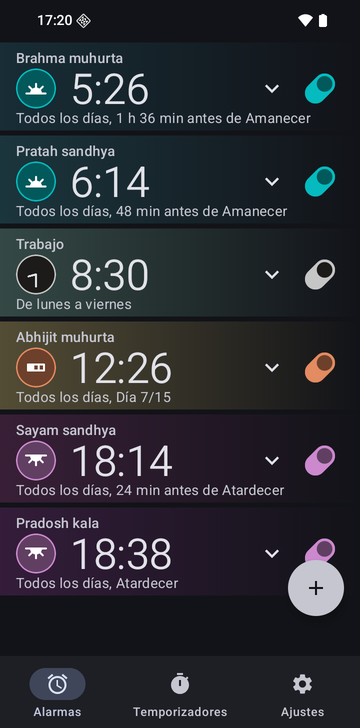 Lista de alarmas de Risetime con seis alarmas: Brahma muhurta a las 5:26 (1 h 36 min antes de Amanecer), Pratah sandhya a las 6:14 (48 min antes de Amanecer), Trabajo a las 8:30 de lunes a viernes, Abhijit muhurta a las 12:26 (Día 7/15), Sayam sandhya a las 18:14 (24 min antes de Atardecer) y Pradosh kala a las 18:38 (Atardecer). Las alarmas de práctica se repiten todos los días.