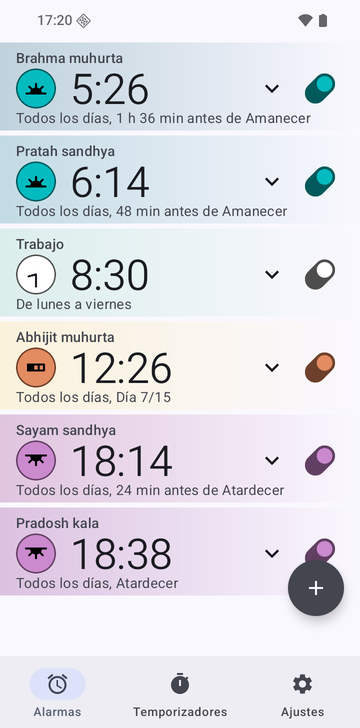 Lista de alarmas de Risetime con seis alarmas: Brahma muhurta a las 5:26 (1 h 36 min antes de Amanecer), Pratah sandhya a las 6:14 (48 min antes de Amanecer), Trabajo a las 8:30 de lunes a viernes, Abhijit muhurta a las 12:26 (Día 7/15), Sayam sandhya a las 18:14 (24 min antes de Atardecer) y Pradosh kala a las 18:38 (Atardecer). Las alarmas de práctica se repiten todos los días.