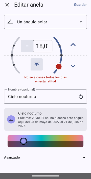 El editor Editar ancla en Un ángulo solar, con 18,0° y el icono de la tarde, llamado Cielo nocturno, con la vista previa Próximo: 20:30. El sol no alcanza este ángulo aquí del 23 de mayo de 2027 al 21 de julio de 2027, y un aviso en rojo dice No se alcanza todos los días en esta latitud.