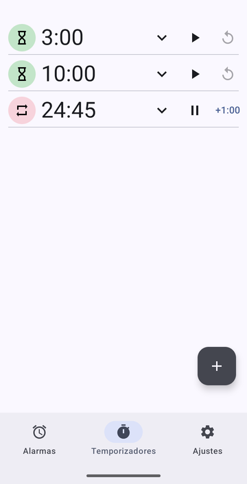 Lista de temporizadores de Risetime con tres filas: 3:00 y 10:00, ambas detenidas, cada una con un botón de reproducción y un botón de reinicio atenuado, y 24:45 en curso, con un icono rosa de bucle, un botón de pausa y un botón +1:00. Las pestañas Alarmas, Temporizadores y Ajustes recorren la parte inferior de la pantalla.