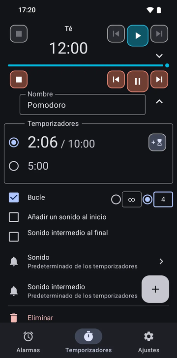 La secuencia Té desplegada en la pestaña Temporizadores de Risetime: su nombre, su único temporizador en 12:00 con un botón para añadir otro, los interruptores Bucle, Añadir un sonido al inicio y Sonido intermedio al final, todos apagados, la fila Sonido en Predeterminado de los temporizadores, la fila Sonido intermedio en Sin uso: un solo temporizador, sin bucle, sin sonido al inicio, y Eliminar. Debajo, la fila Pomodoro plegada, en marcha en 1:42 de 10:00.