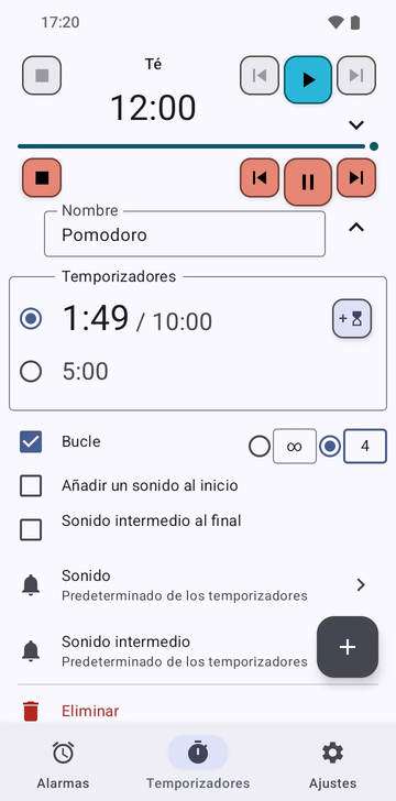La secuencia Té desplegada en la pestaña Temporizadores de Risetime: su nombre, su único temporizador en 12:00 con un botón para añadir otro, los interruptores Bucle, Añadir un sonido al inicio y Sonido intermedio al final, todos apagados, la fila Sonido en Predeterminado de los temporizadores, la fila Sonido intermedio en Sin uso: un solo temporizador, sin bucle, sin sonido al inicio, y Eliminar. Debajo, la fila Pomodoro plegada, en marcha en 1:42 de 10:00.