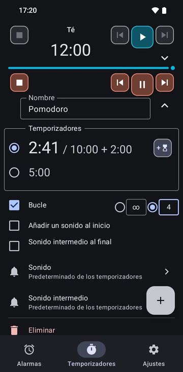 La pestaña Temporizadores con el temporizador Té desplegado y, debajo, la secuencia Pomodoro en marcha en 2:03 de 10:00, con 1 minuto añadido. La fila en marcha tiene los botones detener, temporizador anterior, pausar y temporizador siguiente, y un botón para añadir 1 minuto; Añadir temporizador aparece debajo, encima de las pestañas Alarmas, Temporizadores y Ajustes.