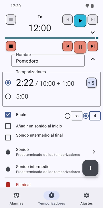 La pestaña Temporizadores con el temporizador Té desplegado y, debajo, la secuencia Pomodoro en marcha en 2:03 de 10:00, con 1 minuto añadido. La fila en marcha tiene los botones detener, temporizador anterior, pausar y temporizador siguiente, y un botón para añadir 1 minuto; Añadir temporizador aparece debajo, encima de las pestañas Alarmas, Temporizadores y Ajustes.