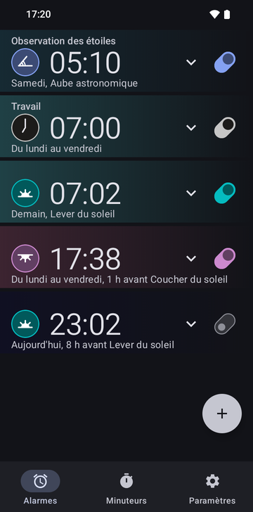 Liste d’alarmes de Risetime avec cinq alarmes : 05:10 le samedi, Aube astronomique, une ancre personnalisée ; 07:00 du lundi au vendredi, une heure fixe avec une icône d’horloge ; 07:02 demain, Lever du soleil ; 17:38 du lundi au vendredi, 1 h avant Coucher du soleil ; et 23:02 aujourd’hui, 8 h avant Lever du soleil, avec son interrupteur éteint.