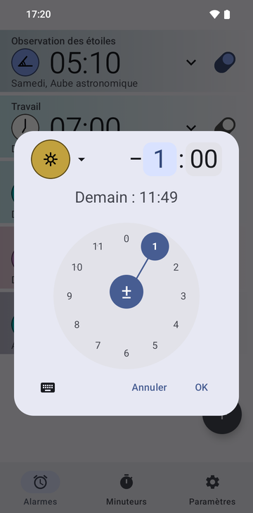La boîte de création d’alarme de Risetime, ouverte par-dessus la liste : la pastille d’ancre Midi, un décalage de moins 1 heure et 00 minute avec le champ des heures sélectionné, et la ligne Demain : 11:49. Un cadran d’heures circulaire avec 1 sélectionné occupe la moitié basse, avec Annuler et OK en dessous.