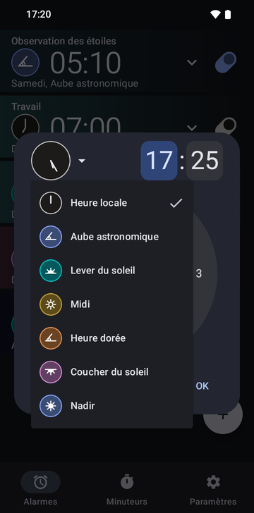 La boîte de création d’alarme, son menu d’ancres ouvert : Absolu, Aube astronomique, Lever du soleil, Midi, Heure dorée, Coucher du soleil et Nadir.
