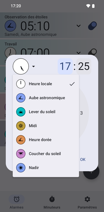 La boîte de création d’alarme, son menu d’ancres ouvert : Absolu, Aube astronomique, Lever du soleil, Midi, Heure dorée, Coucher du soleil et Nadir.