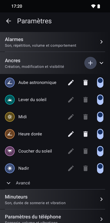 Les paramètres, section Ancres : deux ancres personnalisées, Aube astronomique et Heure dorée, chacune avec un bouton de modification et un bouton de suppression, parmi les ancres d’usine Lever du soleil, Midi, Coucher du soleil et Nadir. Chaque ligne porte un interrupteur de visibilité, tous activés.