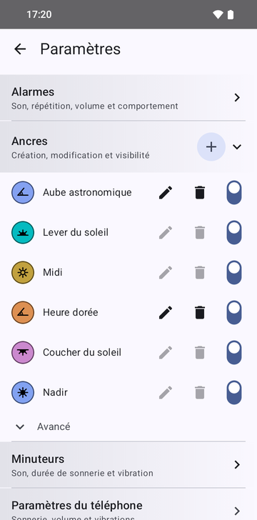 Les paramètres, section Ancres : deux ancres personnalisées, Aube astronomique et Heure dorée, chacune avec un bouton de modification et un bouton de suppression, parmi les ancres d’usine Lever du soleil, Midi, Coucher du soleil et Nadir. Chaque ligne porte un interrupteur de visibilité, tous activés.