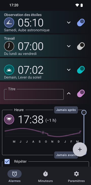Une carte d’alarme ouverte pour 17:38, du lundi au vendredi, 1 h avant le Coucher du soleil : un champ Titre vide, Répéter coché avec les jours L, M, M, J et V sélectionnés, S et D non, et Son réglé sur Par défaut du téléphone. La carte se poursuit sous le bord de l’image.