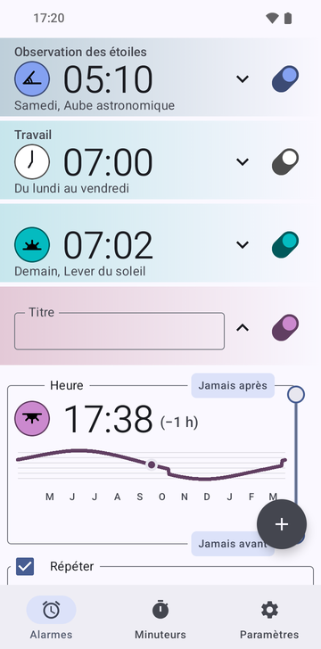 Une carte d’alarme ouverte pour 17:38, du lundi au vendredi, 1 h avant le Coucher du soleil : un champ Titre vide, Répéter coché avec les jours L, M, M, J et V sélectionnés, S et D non, et Son réglé sur Par défaut du téléphone. La carte se poursuit sous le bord de l’image.