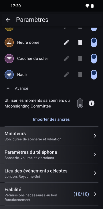 Les paramètres de Risetime, section Ancres, avec Avancé ouvert : l’interrupteur Utiliser les moments saisonniers du Moonsighting Committee, puis le bouton Importer des ancres, au-dessus des lignes Minuteurs, Paramètres du téléphone, Lieu des événements célestes et Fiabilité.
