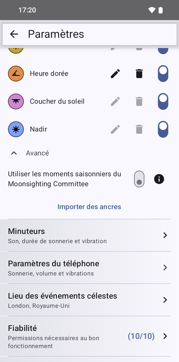 Les paramètres de Risetime, section Ancres, avec Avancé ouvert : l’interrupteur Utiliser les moments saisonniers du Moonsighting Committee, puis le bouton Importer des ancres, au-dessus des lignes Minuteurs, Paramètres du téléphone, Lieu des événements célestes et Fiabilité.