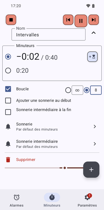La séquence Intervalles dépliée dans l’onglet Minuteurs de Risetime : ses deux minuteurs, 0:40 en cours à 0:32 et 0:20, Mettre en boucle activé sur 8 tours (l’autre choix étant illimité), Ajouter une sonnerie au début et Sonnerie intermédiaire à la fin éteints, et les lignes Sonnerie et Sonnerie intermédiaire sur Par défaut des minuteurs.