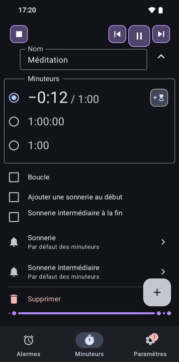 La séquence Méditation dépliée dans l’onglet Minuteurs de Risetime : ses trois minuteurs, 1:00 qui décompte, 1:00:00 et 1:00, avec Mettre en boucle, Ajouter une sonnerie au début et Sonnerie intermédiaire à la fin tous éteints, et les lignes Sonnerie et Sonnerie intermédiaire sur Par défaut des minuteurs.