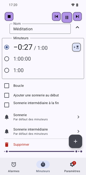 La séquence Méditation dépliée dans l’onglet Minuteurs de Risetime : ses trois minuteurs, 1:00 qui décompte, 1:00:00 et 1:00, avec Mettre en boucle, Ajouter une sonnerie au début et Sonnerie intermédiaire à la fin tous éteints, et les lignes Sonnerie et Sonnerie intermédiaire sur Par défaut des minuteurs.