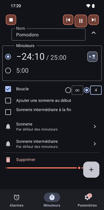 La séquence Pomodoro dépliée dans l’onglet Minuteurs de Risetime pendant qu’elle tourne : ses deux minuteurs, 25:00 qui décompte et 5:00, Mettre en boucle activé sur 4 tours (l’autre choix étant illimité), Ajouter une sonnerie au début et Sonnerie intermédiaire à la fin éteints, et les lignes Sonnerie et Sonnerie intermédiaire sur Par défaut des minuteurs.