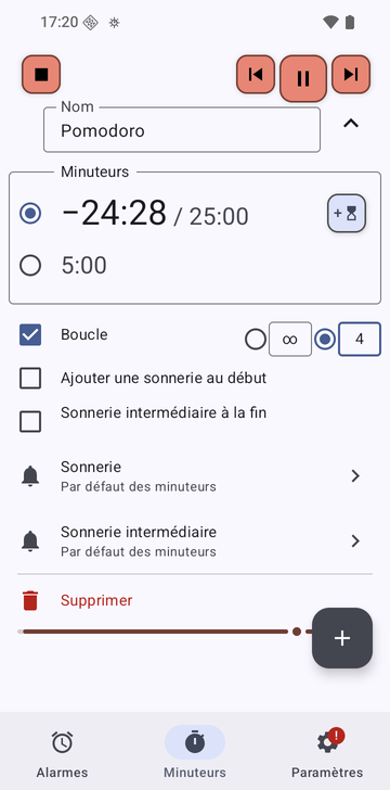 La séquence Pomodoro dépliée dans l’onglet Minuteurs de Risetime pendant qu’elle tourne : ses deux minuteurs, 25:00 qui décompte et 5:00, Mettre en boucle activé sur 4 tours (l’autre choix étant illimité), Ajouter une sonnerie au début et Sonnerie intermédiaire à la fin éteints, et les lignes Sonnerie et Sonnerie intermédiaire sur Par défaut des minuteurs.