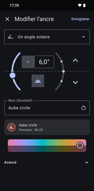 L’éditeur d’ancre sur Un angle solaire, réglé sur −6,0° le matin, nommé Aube civile, avec l’aperçu : Prochain : 06:29.