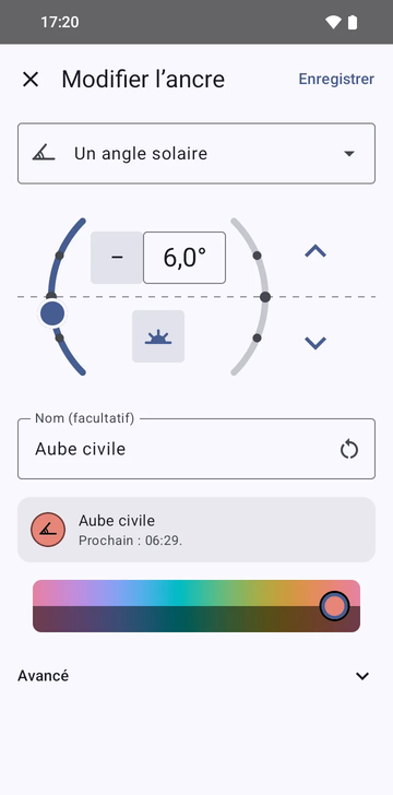 L’éditeur d’ancre sur Un angle solaire, réglé sur −6,0° le matin, nommé Aube civile, avec l’aperçu : Prochain : 06:29.