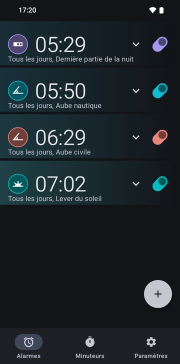 Liste d’alarmes de Risetime avec quatre alarmes, toutes répétées chaque jour : 05:29 sur Dernière partie de la nuit, 05:50 sur Aube nautique, 06:29 sur Aube civile, et 07:02 au Lever du soleil.