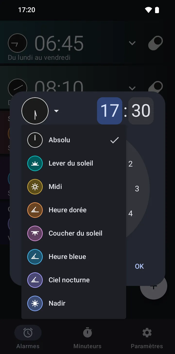 La boîte de création d’alarme, son menu d’ancres ouvert, listant Absolu, Lever du soleil, Midi, Heure dorée, Coucher du soleil, Heure bleue, Ciel nocturne et Nadir.