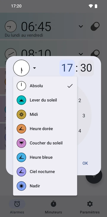 La boîte de création d’alarme, son menu d’ancres ouvert, listant Absolu, Lever du soleil, Midi, Heure dorée, Coucher du soleil, Heure bleue, Ciel nocturne et Nadir.