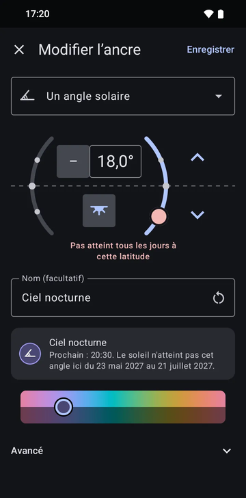 L’éditeur d’ancre sur Un angle solaire, réglé à −18,0° le soir, nommé Ciel nocturne, avec l’aperçu : Prochain : 20:30. Le soleil n’atteint pas cet angle ici du 23 mai 2027 au 21 juillet 2027.