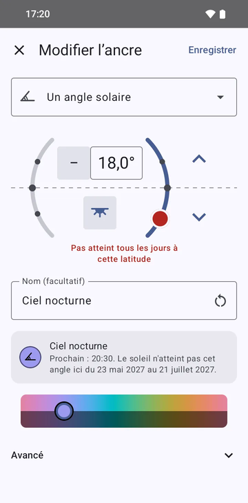 L’éditeur d’ancre sur Un angle solaire, réglé à −18,0° le soir, nommé Ciel nocturne, avec l’aperçu : Prochain : 20:30. Le soleil n’atteint pas cet angle ici du 23 mai 2027 au 21 juillet 2027.